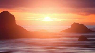 Beach, Sunset, Sunlight, Rocks, Long exposure, Reflection, Dawn