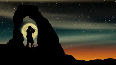 Couple, Lovers, Romantic, Silhouette, Moon, Kissing couple, 5K