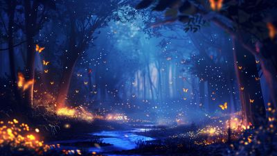 Butterfly, Fairies, Magical forest, Night, 5K, 8K
