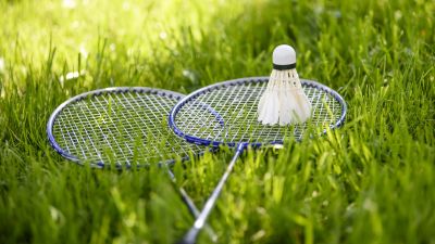 Badminton, Rackets, Shuttlecocks, Green Grass