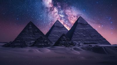 Egyptian Pyramids, Milky Way, Night sky, Seven Wonders of the Ancient World, AI art, The Great Pyramid of Giza, 5K