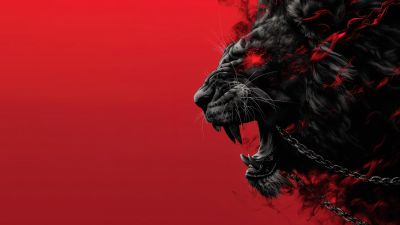 Lion, Red aesthetic, Red background, Roaring