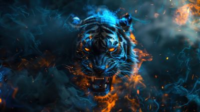 Roaring, Tiger, Flames, 5K, AI art, Dope