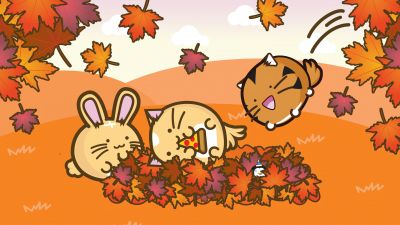 Fuzzballs, Autumn, Kawaii cartoon, Autumn foliage, Autumn season, 5K