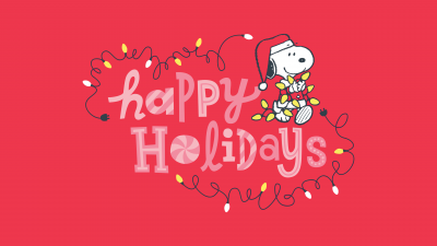 Snoopy, Happy holidays, Christmas decoration, String Lights, Red background, 5K, Peanuts, December