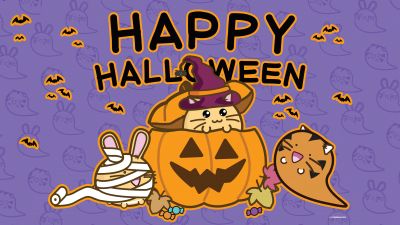 Happy Halloween, Fuzzballs, Kawaii cartoon, 5K, Purple background, Halloween Bats