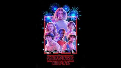 Stranger Things, 80s, Season 3, Key Art, Black background, 5K, 8K, AMOLED, Neon art