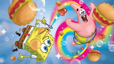 SpongeBob SquarePants, Rainbow, Bubbles, Patrick Star, 5K, Cartoon, Funny, Floating