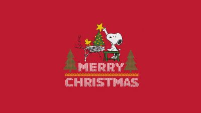 Snoopy, Merry Christmas, Red background, 5K, 8K, Christmas decoration, Woodstock, December