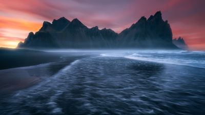 Vestrahorn mountain, Scenic, Iceland, Black sand beach, Ocean Waves, Sunset, Twilight, Dramatic, 5K, 8K, Stokksnes