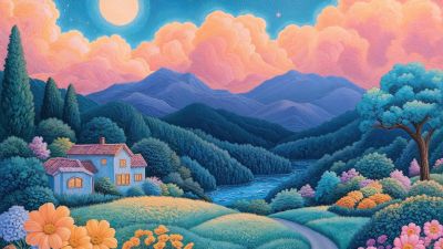 Dreamy, Scenery, Landscape, Serene, AI art, 5K, Peaceful, Moon, Clouds, Stars in sky, Countryside, Country road, Mountains, Spring flowers