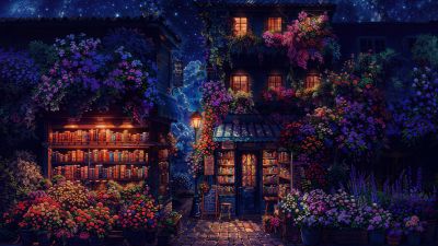 Cozy, Shop, Night illumination, Night sky, Books, Digital Art, Nostalgic, Vintage, AI art