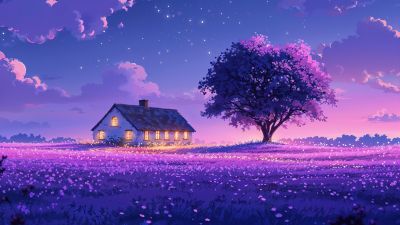 Purple aesthetic, Scenery, Landscape, Night sky, Serenity, Countryside, Tranquility, Digital art, 5K