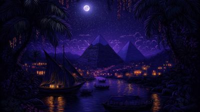 Egyptian Pyramids, Purple aesthetic, Night, Moonlight, Illuminated, Boats, Surrealism, Palm trees, 5K, Purple sky, Reflection