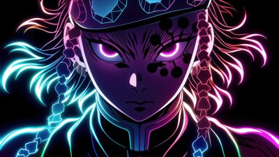 Tengen Uzui, Neon art, Demon Slayer: Kimetsu no Yaiba, AMOLED, Black background, 5K