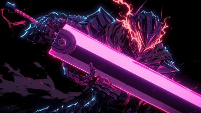 Guts (Berserk), Neon art, AMOLED, Black background, Pink aesthetic, Dragon Slayer