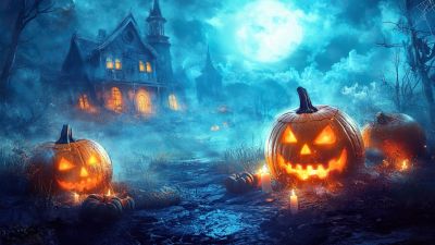 Haunted house, Halloween night, Halloween pumpkins, AI art, 5K