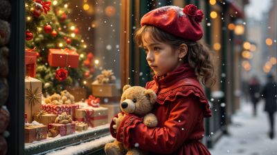 Cute Girl, Christmas Eve, Christmas decoration, Christmas gifts, Snowfall, Bokeh Background