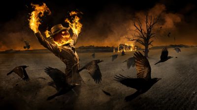 Scarecrow, Halloween night, Fire, Burning, Crows, Spooky, Scary, Gothic, Horror, 5K