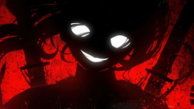 Devil, Anime girl, Red background, Silhouette, 5K, Evil laugh