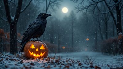 Halloween Pumpkin, Crow, Halloween night, Snowfall, Winter snow