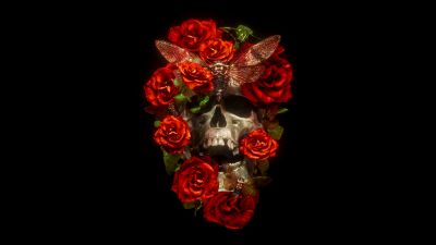 Skull, Roses, AMOLED, 5K, Black background, Darkness