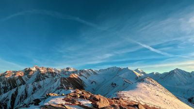 Snowy Mountains, Scenic, Blue Sky, Outdoor, Sunny day, Panorama, 5K