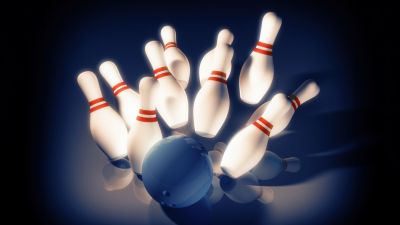 Bowling pins, Bowling ball, Blue background, 5K