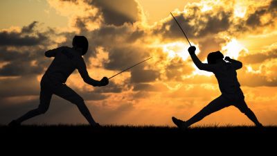 Fencing, Sword fight, 5K, Silhouette, Dusk