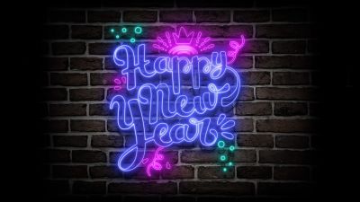 Happy New Year, Neon sign, Brick wall, 5K, Dark background, Dark aesthetic