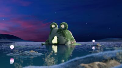 Frog house, Aesthetic, Night, Dreamlike, Starry sky, Lake, 5K