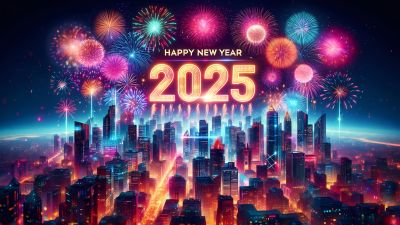 2025, New Year celebrations, Happy New Year 2025, Futuristic city, Neon city, Fireworks, 5K