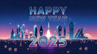 Happy New Year 2025, Futuristic city, Neon, 5K, Space flight