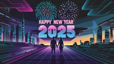 Happy New Year 2025, Couple, New Year celebrations, Dystopian, Cyberpunk, Neon city, 5K