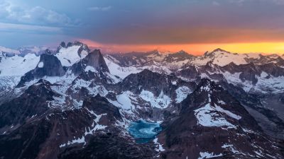 Mountain Landscape, Alps, Scenery, Snowcapped mountains, Mountains, Mountain Peaks, Sunset, Dusk, Dramatic, Panoramic, Aerial Photography, 5K, 8K, Mountain lake