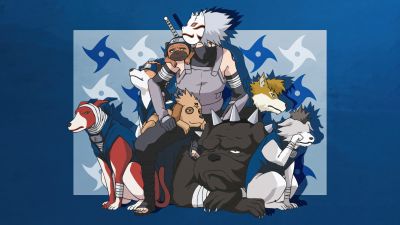 Kakashi Hatake, Ninja dogs, Naruto, 5K, Blue background