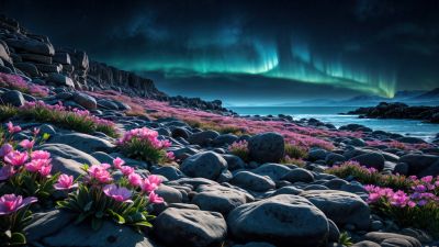 Rocky beach, Aurora sky, Landscape, Aurora Borealis, Serenity, Majestic, Northern Lights, 5K