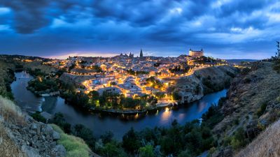 Toledo, Spain, Cityscape, Nightscape, Night City, City lights, 5K, 8K, Panoramic