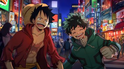 Monkey D. Luffy, Izuku Midoriya, My Hero Academia, One Piece, 5K, Laughing