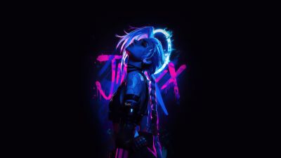 Jinx, Neon art, 5K, Dark background, League of Legends