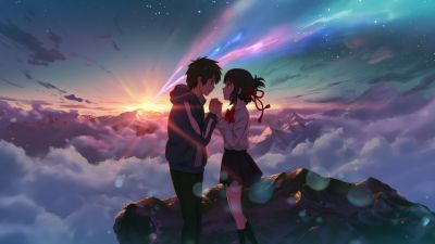 Kimi no Na wa, Love couple, Your Name, Mitsuha Miyamizu, Taki Tachibana, 5K, Anime couple, Comet Tiamat, Shooting stars