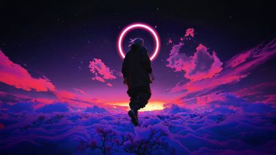 Above clouds, Neon art, Neon circles, Pink aesthetic, Dreamlike, Futuristic, Glowing