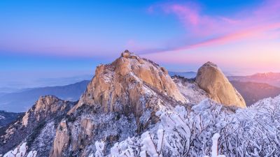 Bukhansan National Park, Mountain Peak, Seoul, South Korea, Winter, Frozen trees, Snow covered, Early Morning, Aesthetic