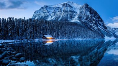 Lake Louise, Winter forest, Cold, Reflections, Pine trees, Frozen, Snow covered, Banff National Park, Canada, Wilderness, 5K