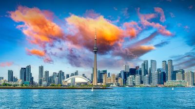 Toronto, Cityscape, Panorama, CN Tower, Canada, Toronto Skyline, Cloudy Sky, Rogers Centre, Lake Ontario