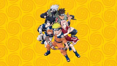 Naruto Team 7, Yellow background, Kakashi Hatake, Sasuke Uchiha, Sakura Haruno, Naruto Uzumaki