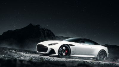 Aston Martin DBS Superleggera, Dark aesthetic, Night, Dark background, White cars, 5K