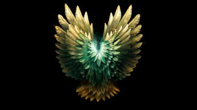 Angelic, Wings, Feathers, Black background, AMOLED, Luminescence, 5K