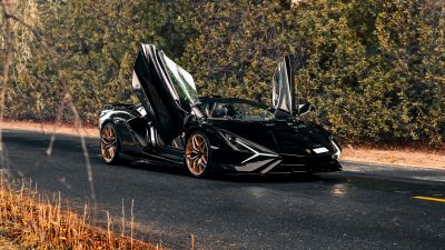 Lamborghini Sián Roadster, Black cars, Hybrid sports car, 5K, Tarmac