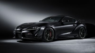 Toyota GR Supra A90, 2025, Black cars, Dark background, 5K, Toyota GR Supra